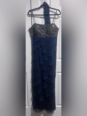 Vintage Ignite Evenings by Carol Lin Navy Beaded Bodice Layered Evening Dress